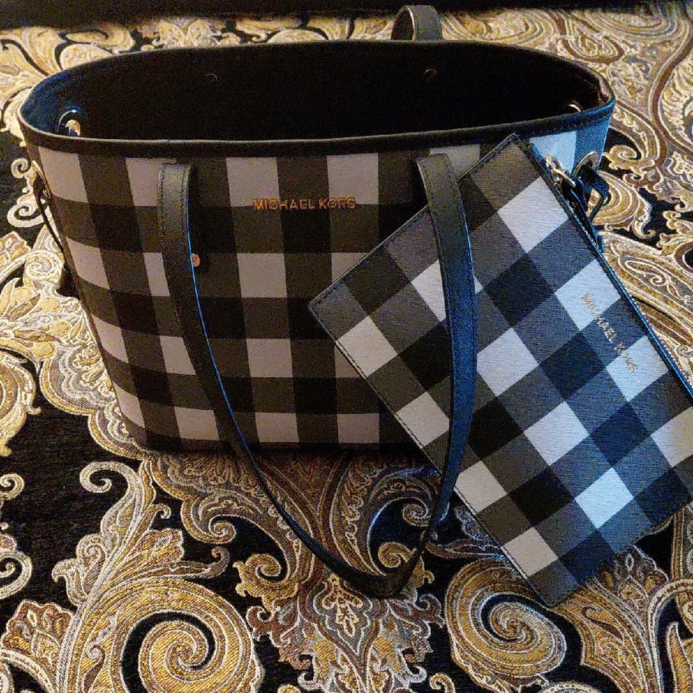 Michael Kors Black and White Checkered Tote with Pouch